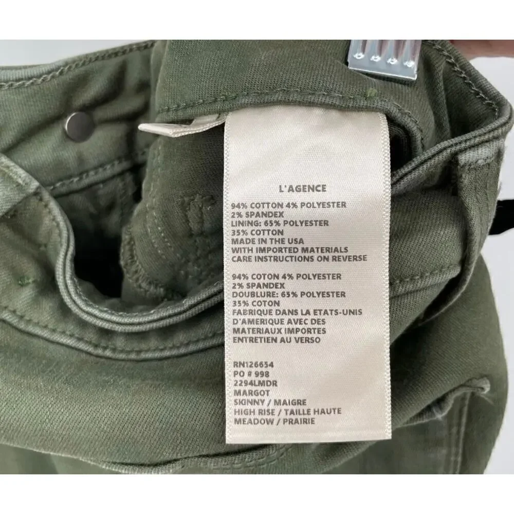 L’AGENCE Margot High Rise Skinny Jeans Meadow Green Raw Hem Stretch Size 25